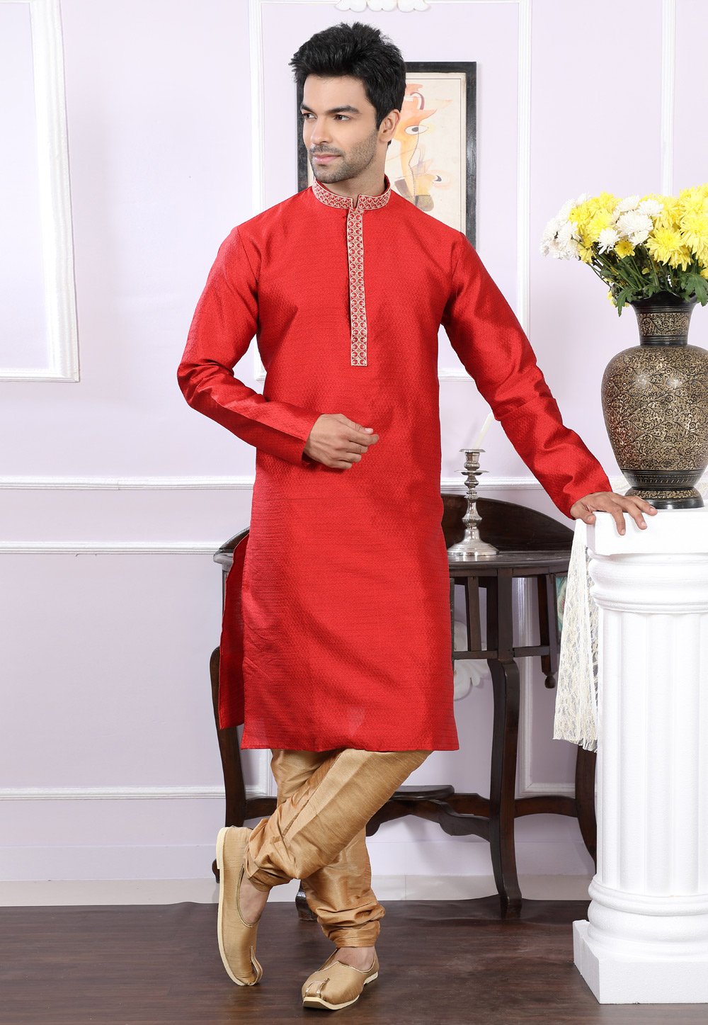 Red Art Silk Readymade Kurta Pajama 166448