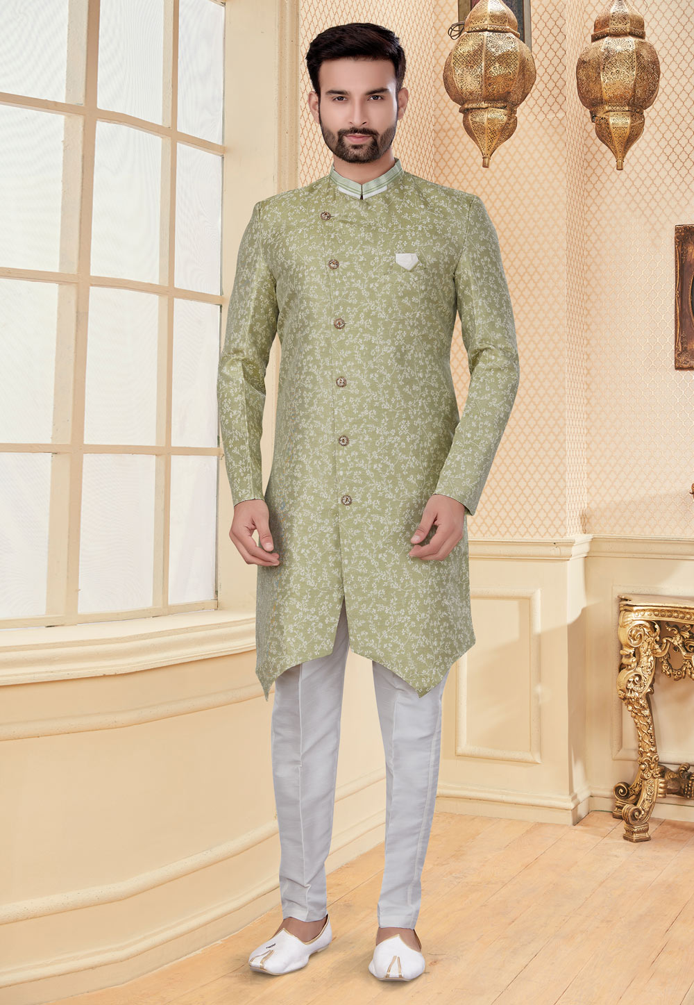 Light Green Jacquard Indo Western Suit 251220