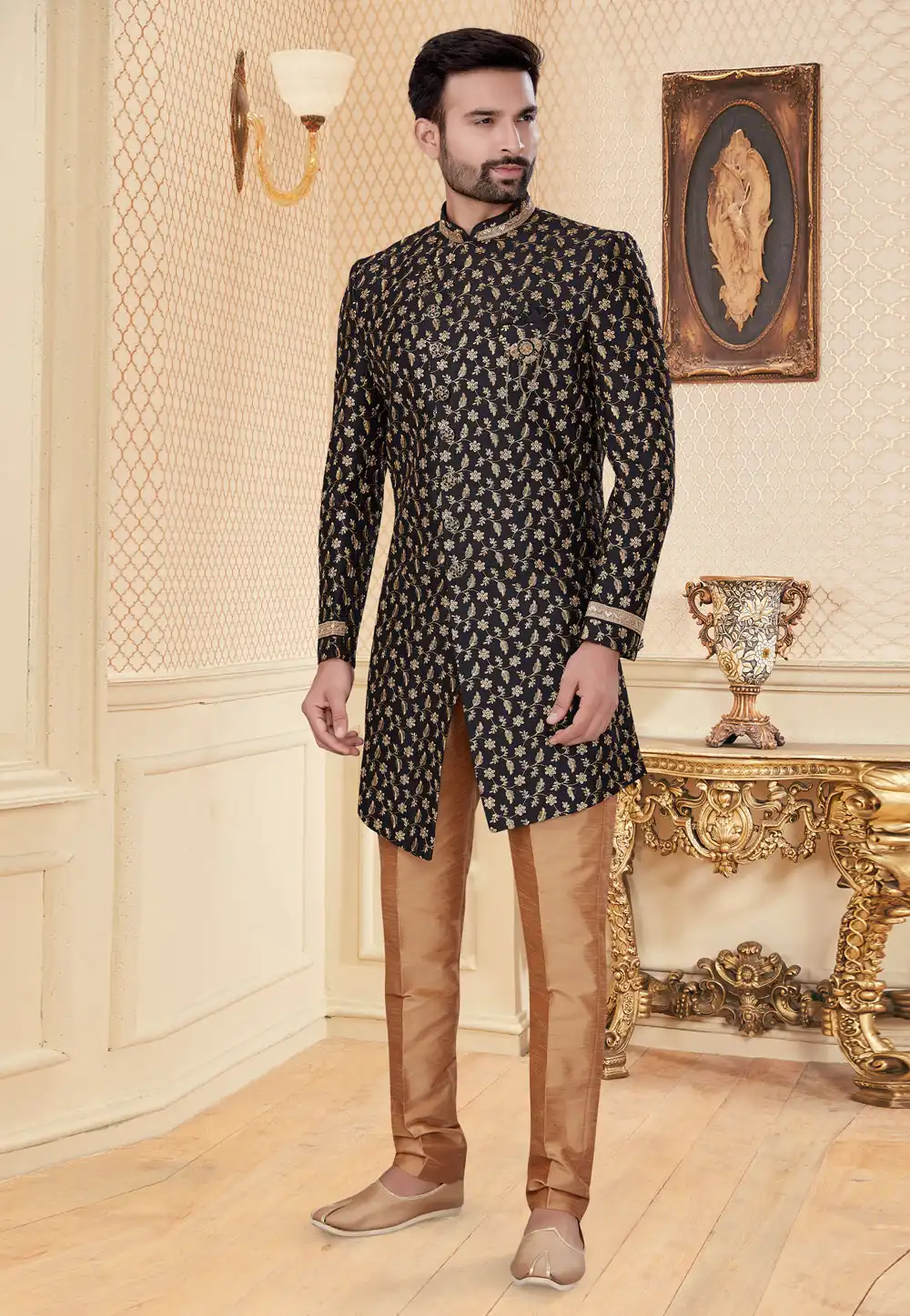 Black Jacquard Indo Western Suit 251221