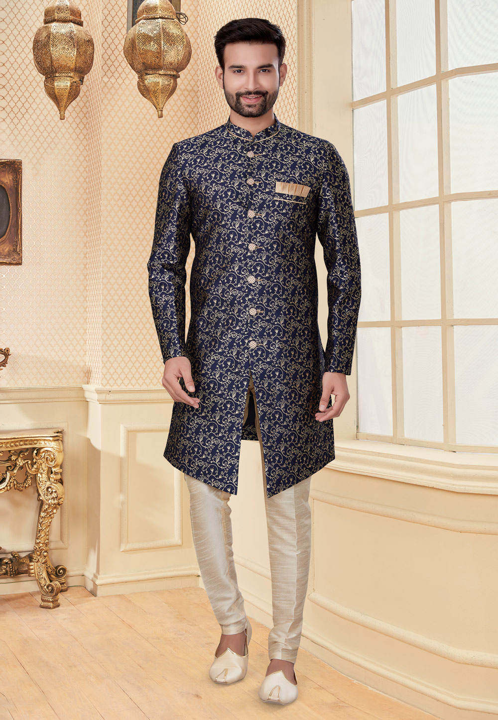 Navy Blue Jacquard Indo Western Suit 251223