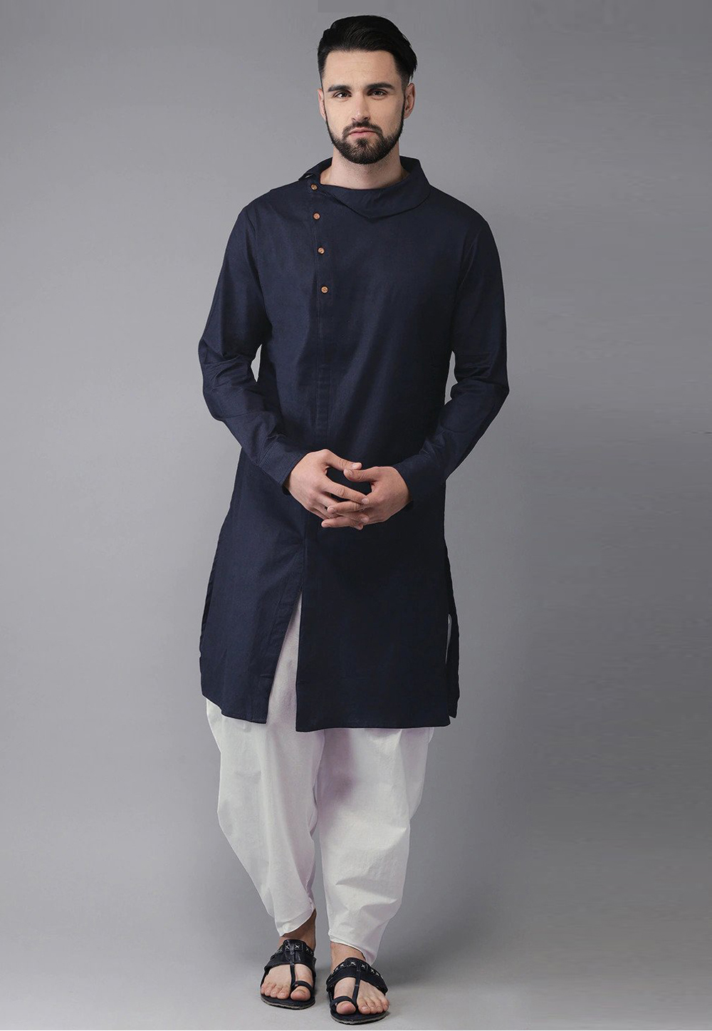 Navy Blue Cotton Indo Western Kurta Pajama 244479