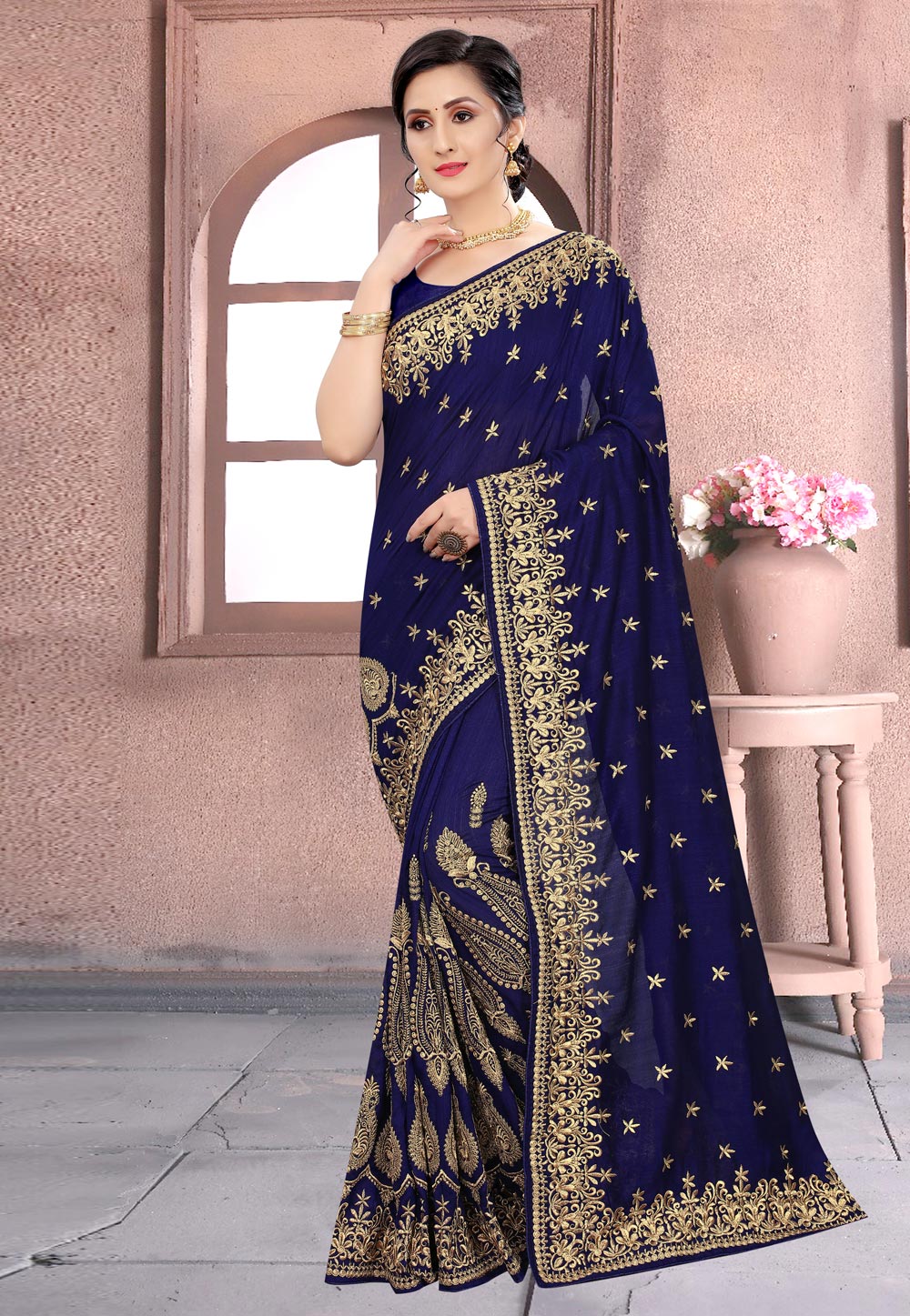 Navy Blue Silk Festival Wear Saree 228574