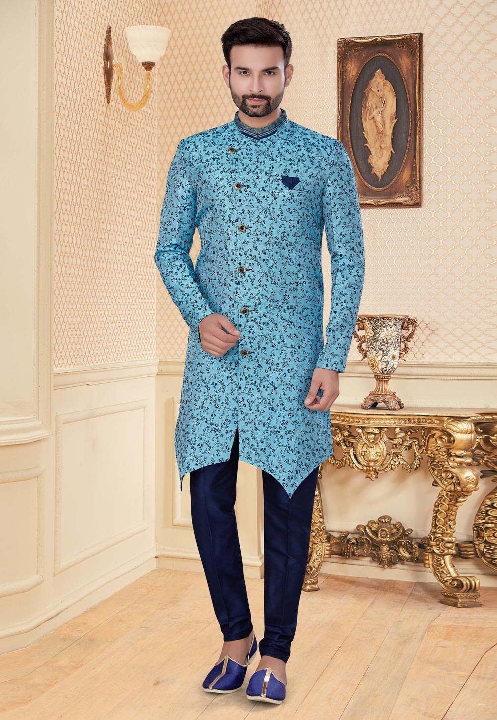 Sky Blue Jacquard Indo Western Suit 251228