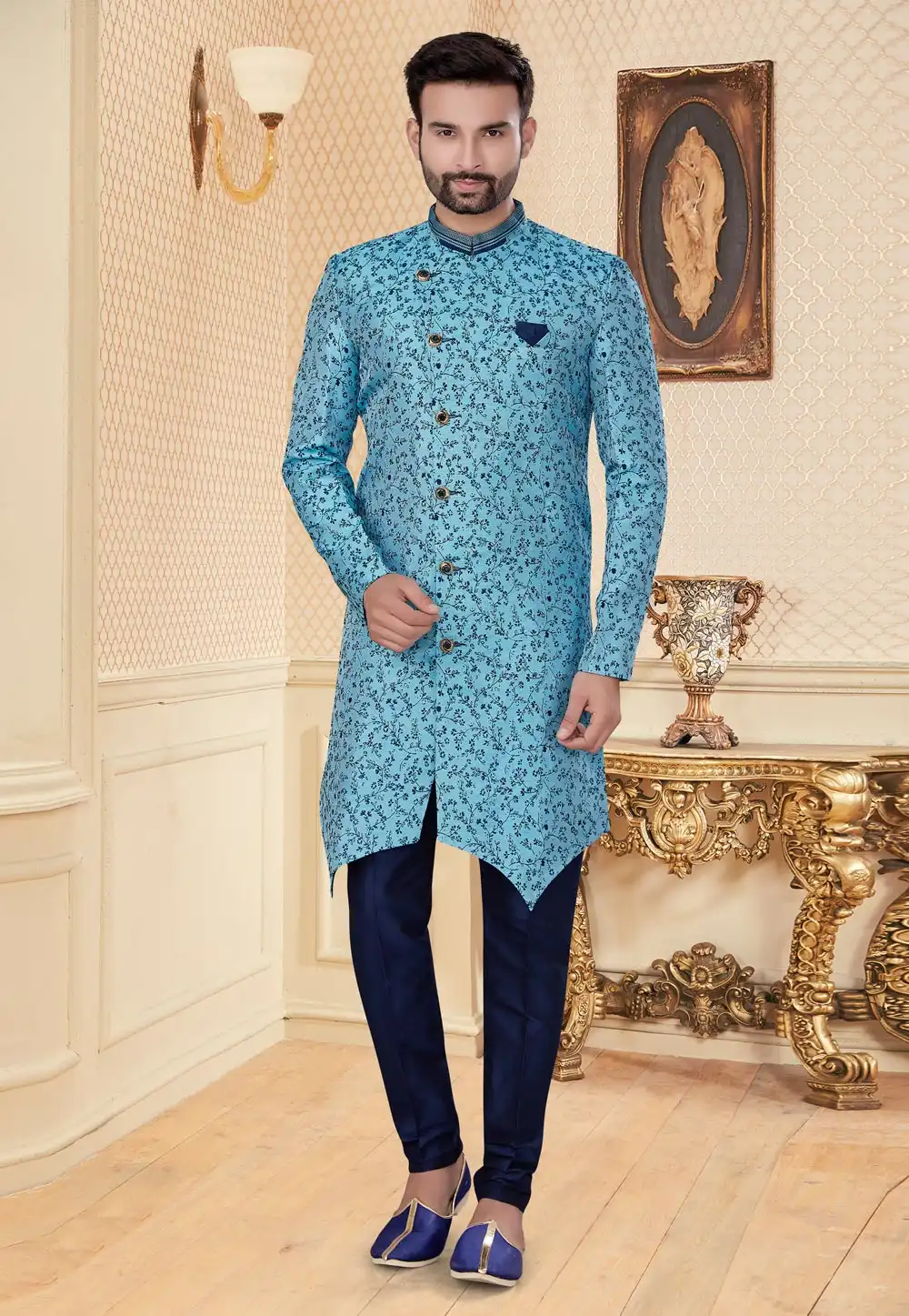 Sky Blue Jacquard Indo Western Suit 251228