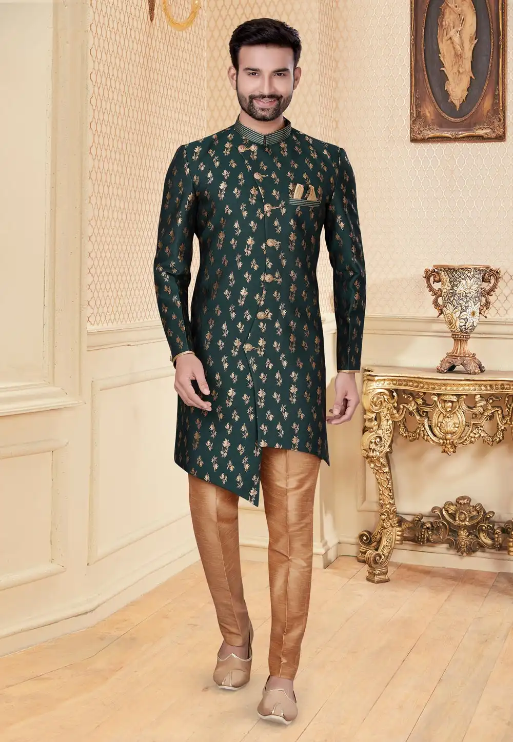 Green Jacquard Indo Western Suit 251229