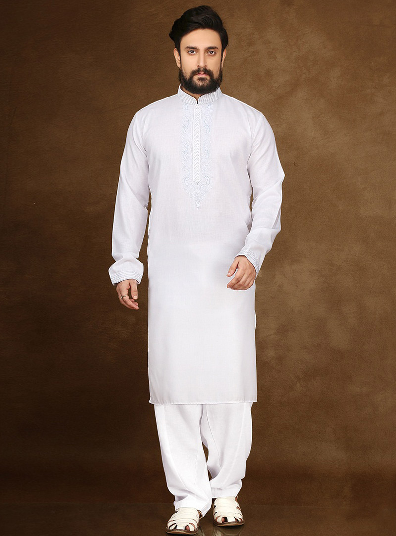 White Cotton Readymade Kurta Pajama 90693