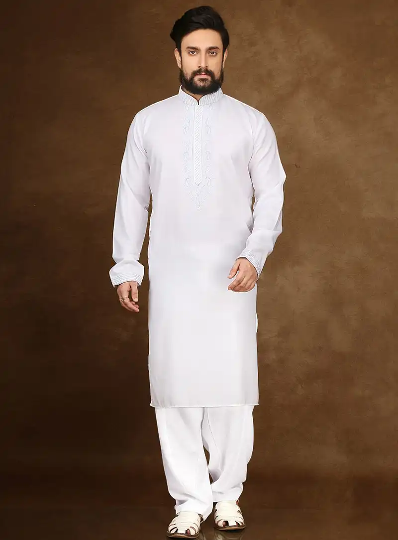 White Cotton Readymade Kurta Pajama 90693