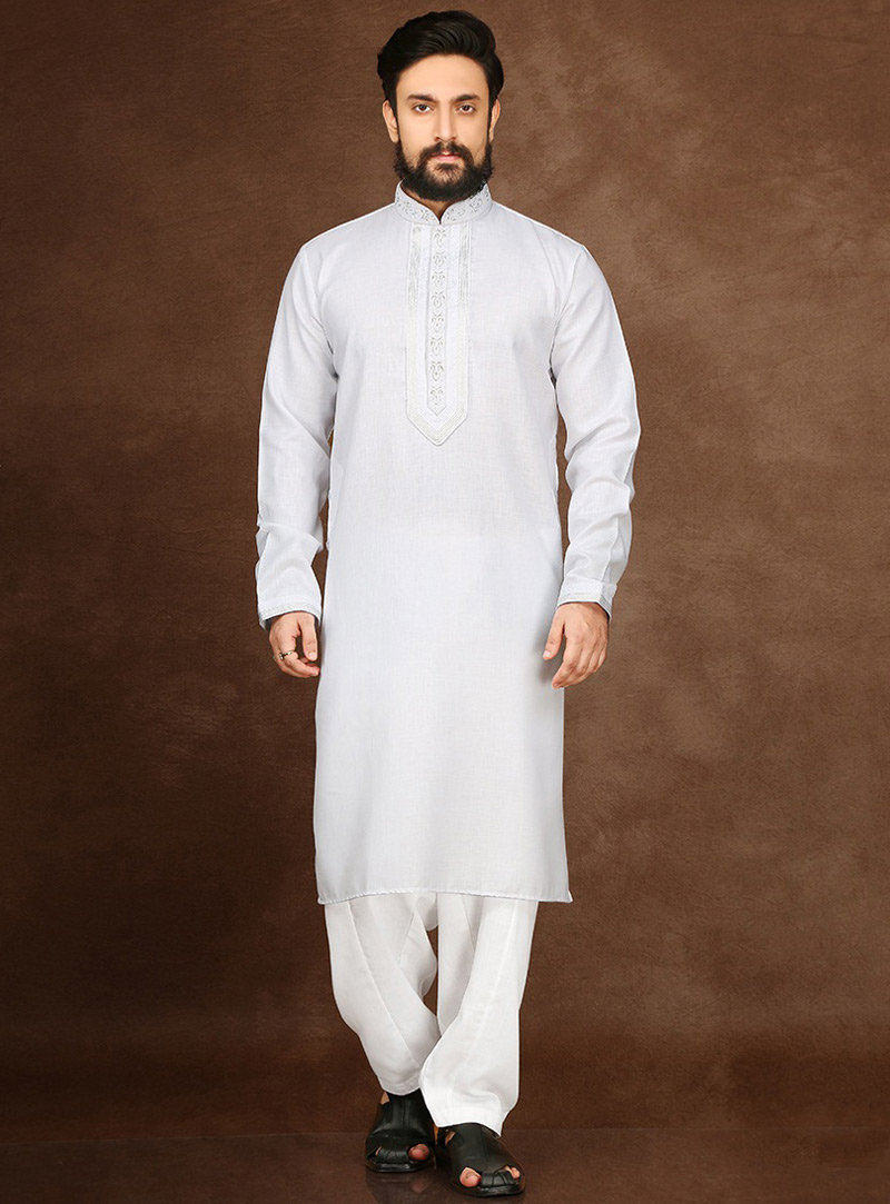White Cotton Readymade Kurta Pajama 90694