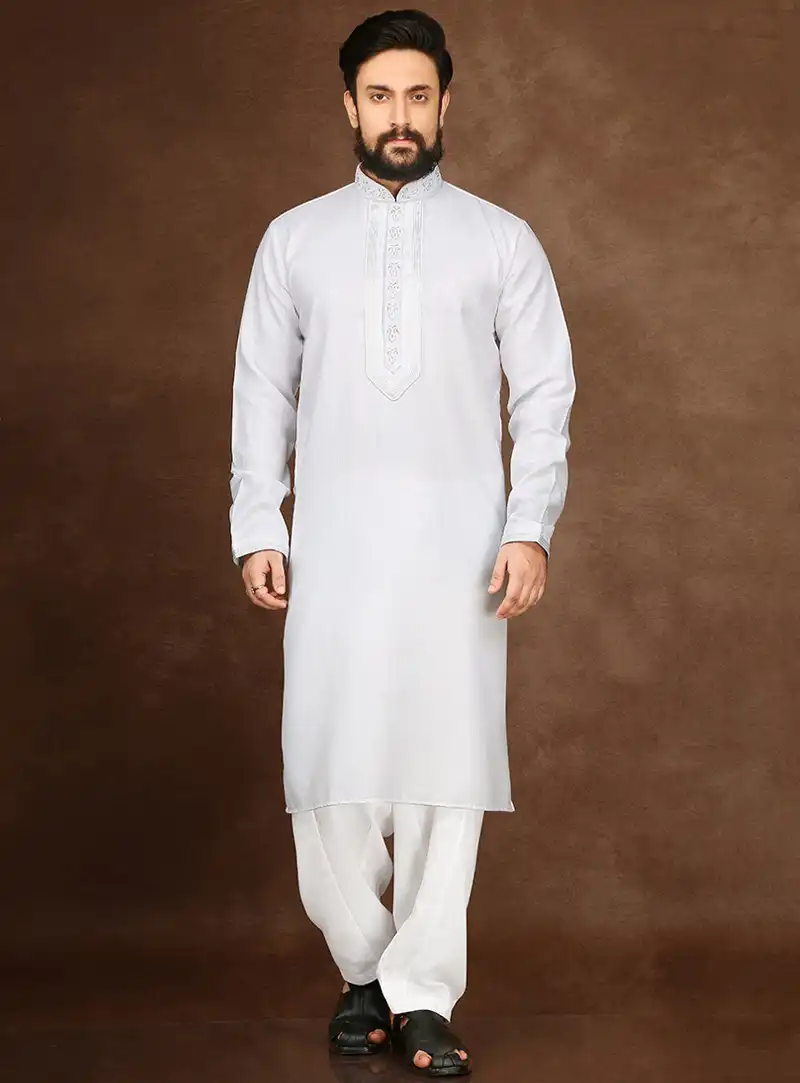 White Cotton Readymade Kurta Pajama 90694