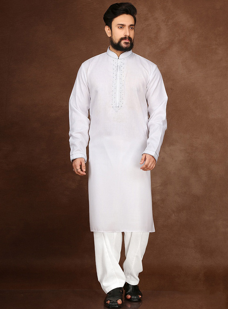White Cotton Readymade Kurta Pajama 90695