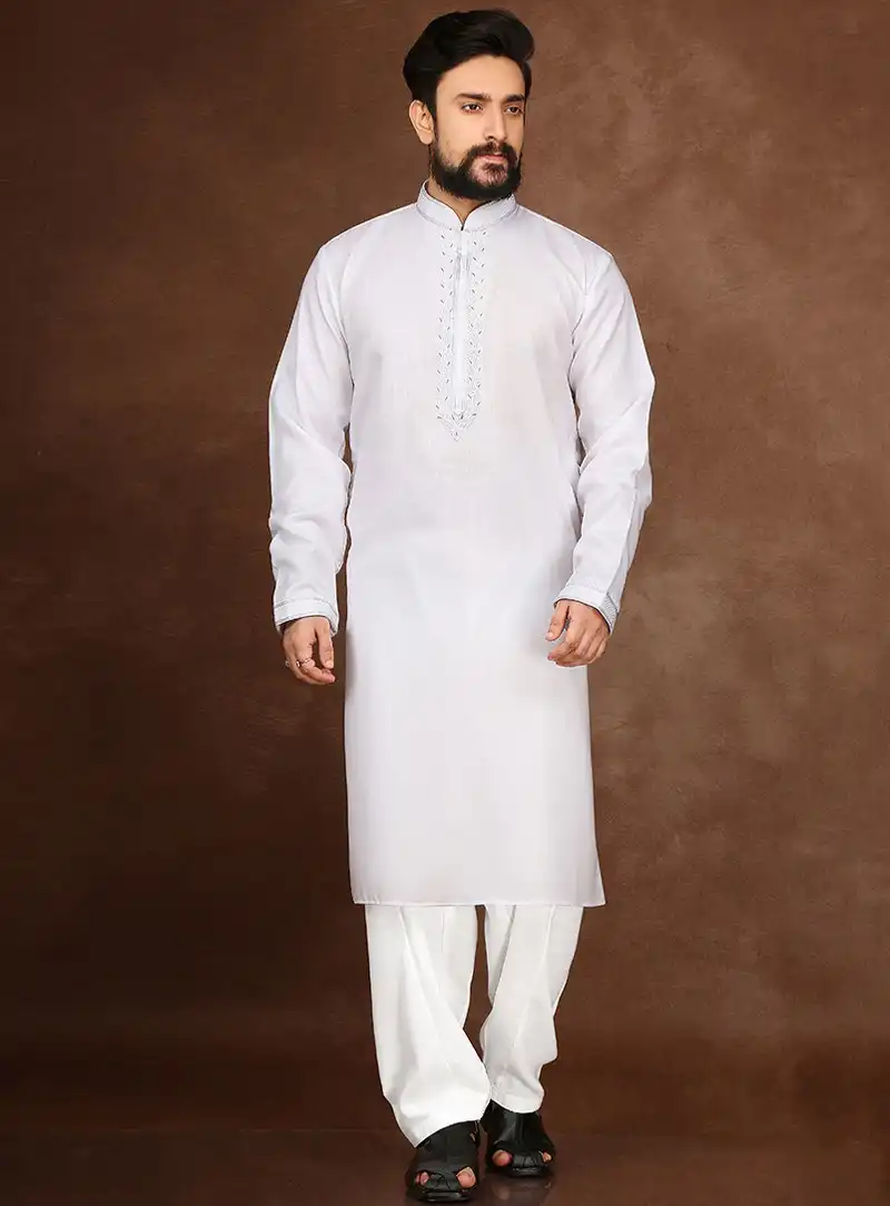 White Cotton Readymade Kurta Pajama 90695