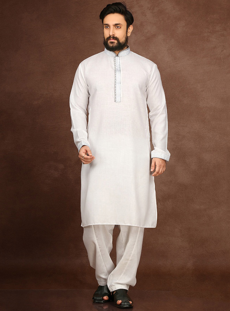 White Cotton Readymade Kurta Pajama 90696