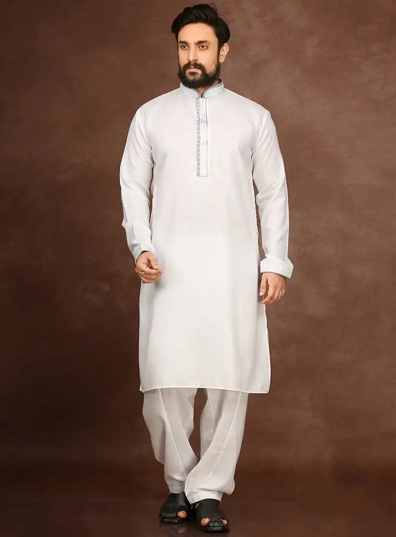 White Cotton Readymade Kurta Pajama 90696