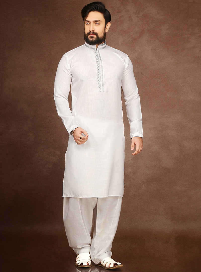 White Cotton Readymade Kurta Pajama 90697