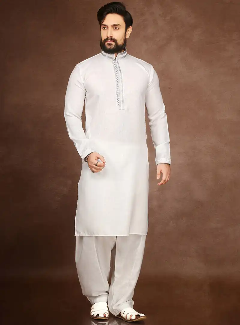 White Cotton Readymade Kurta Pajama 90697