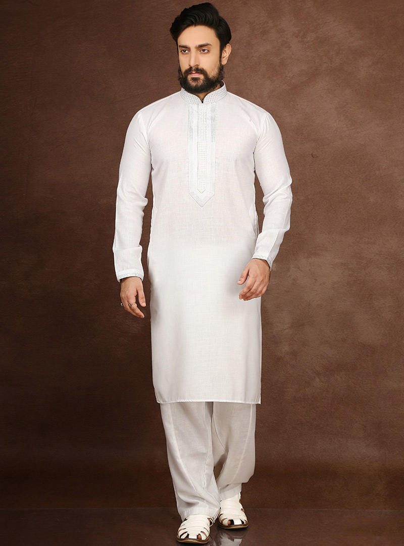 White Cotton Readymade Kurta Pajama 90698