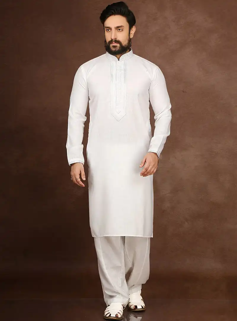 White Cotton Readymade Kurta Pajama 90698