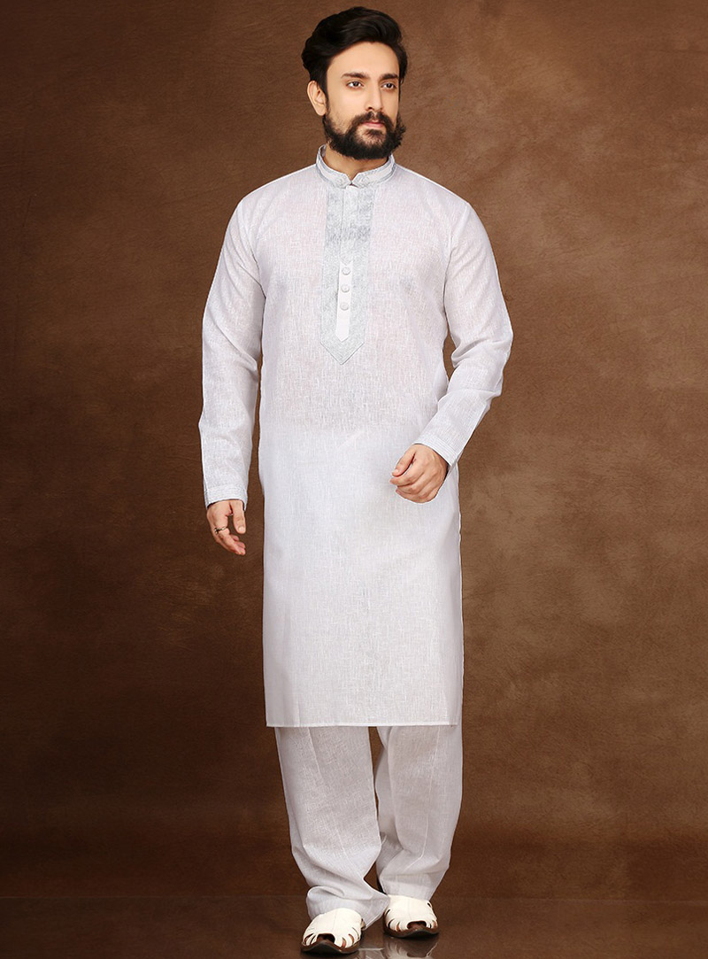 White Cotton Readymade Kurta Pajama 90699