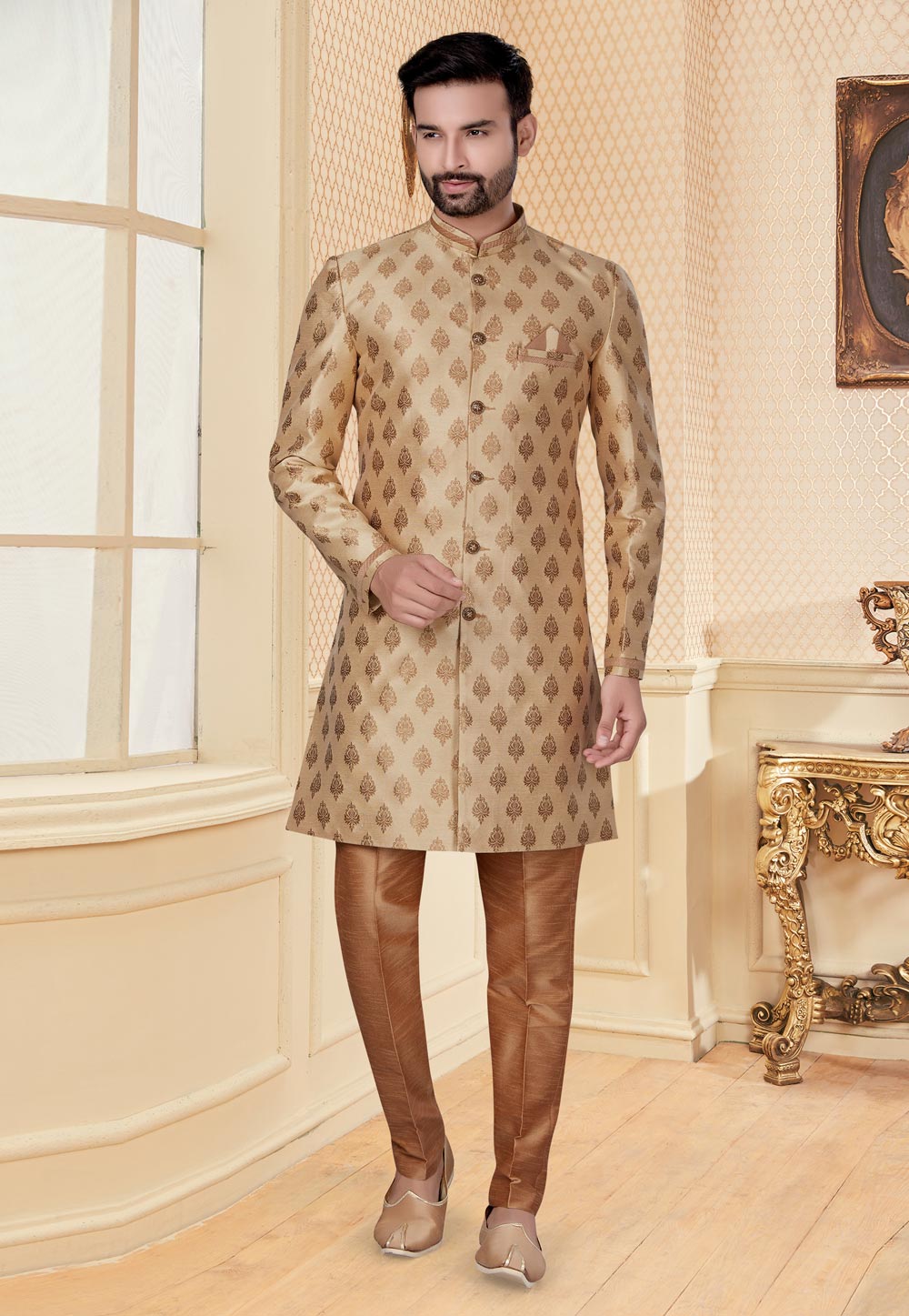 Beige Jacquard Indo Western Suit 251230