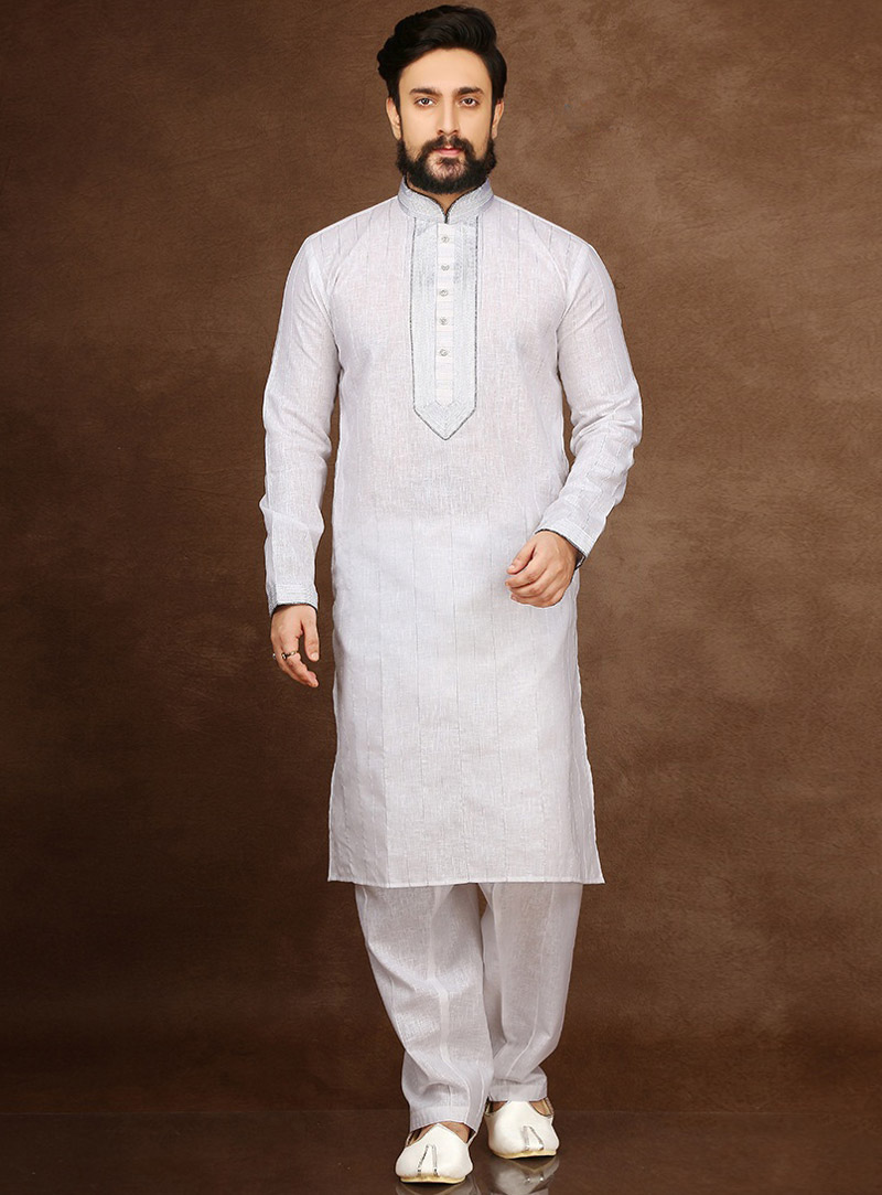 White Cotton Readymade Kurta Pajama 90702