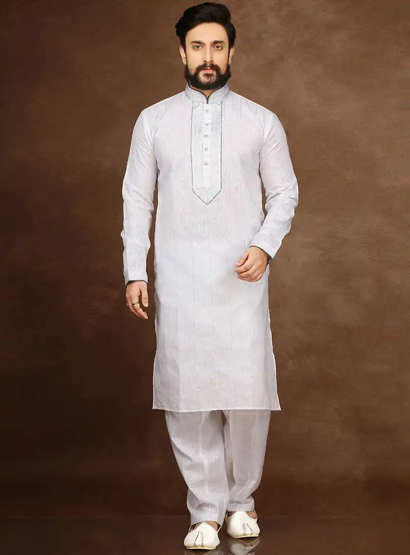 White Cotton Readymade Kurta Pajama 90702