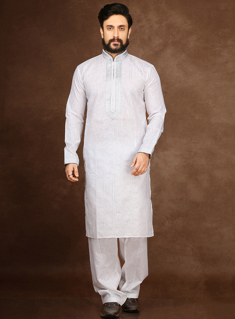 White Cotton Readymade Kurta Pajama 90703