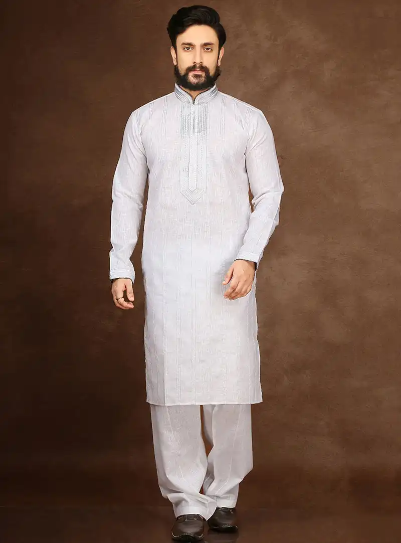 White Cotton Readymade Kurta Pajama 90703