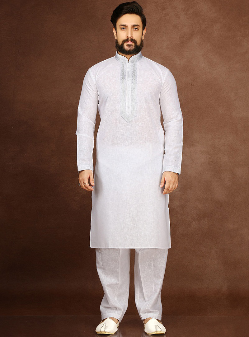 White Cotton Readymade Kurta Pajama 90704