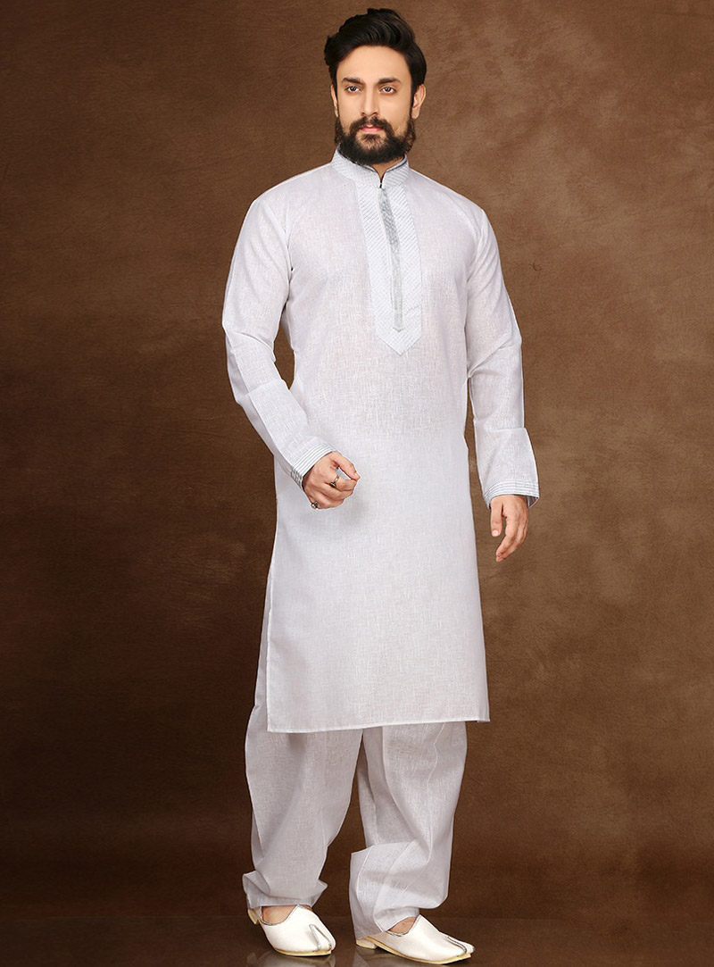 White Cotton Readymade Kurta Pajama 90706