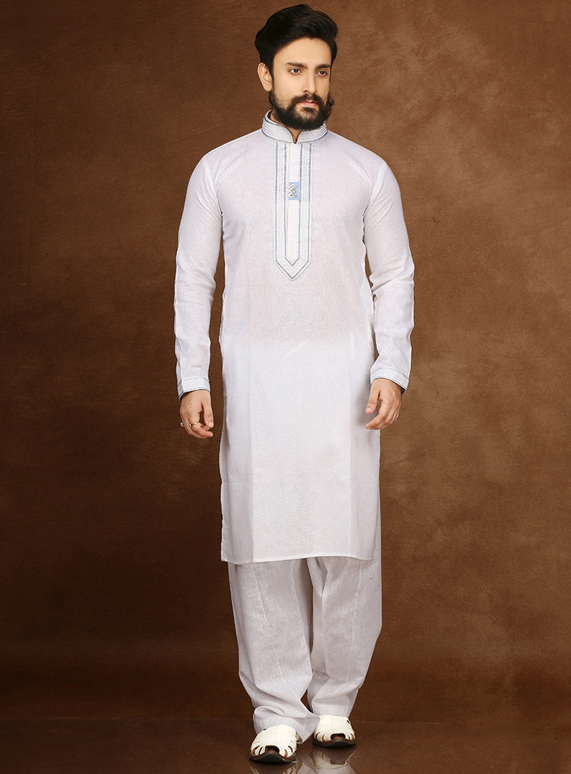 White Cotton Readymade Kurta Pajama 90708