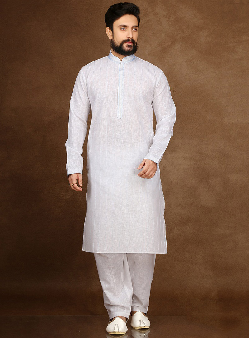 White Cotton Readymade Kurta Pajama 90709