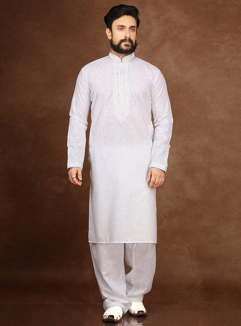 White Cotton Readymade Kurta Pajama 90710