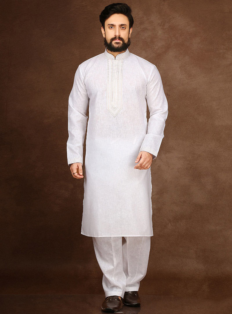 White Cotton Readymade Kurta Pajama 90711