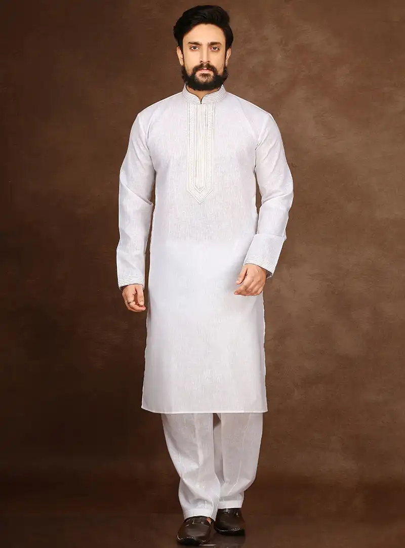White Cotton Readymade Kurta Pajama 90711