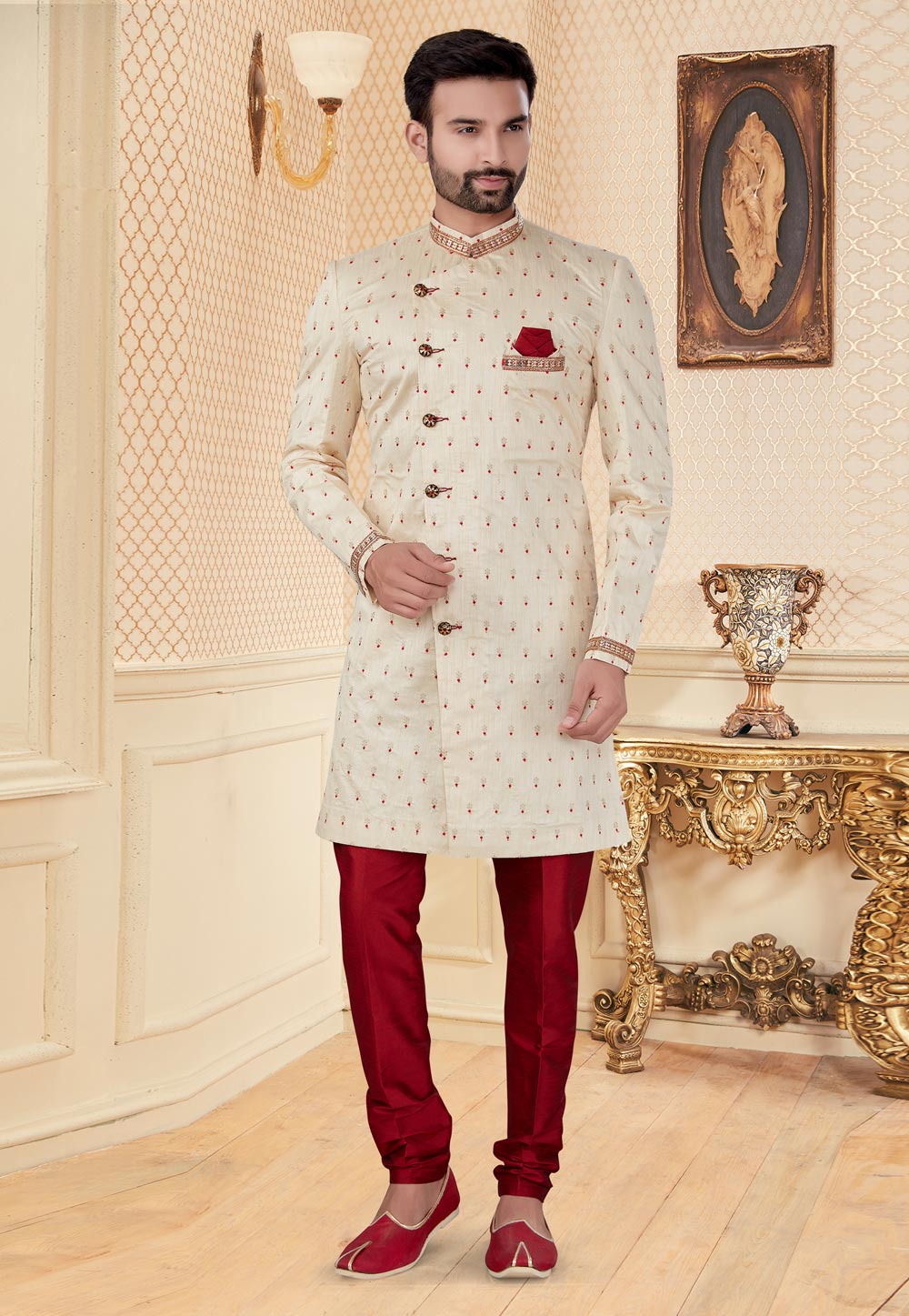 Cream Jacquard Indo Western Suit 251231