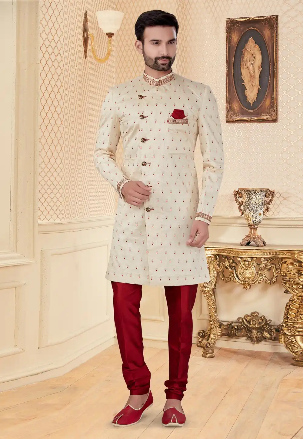 Cream Jacquard Indo Western Suit 251231