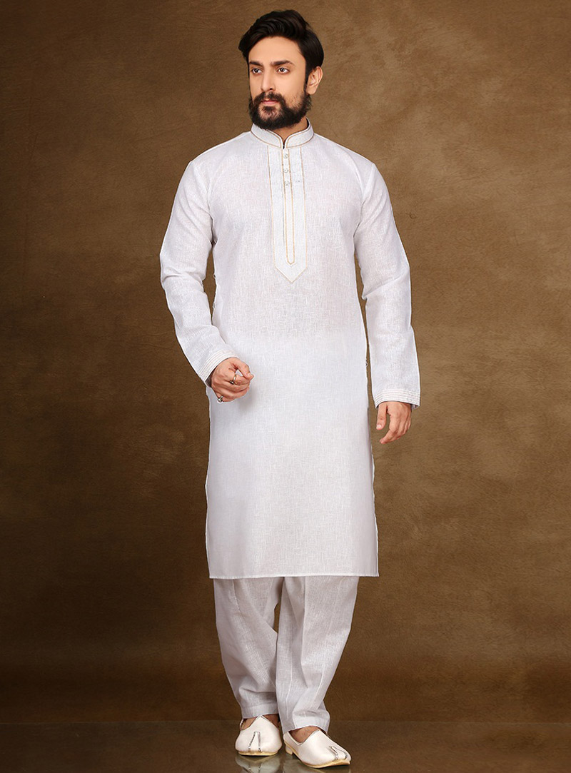 White Cotton Readymade Kurta Pajama 90712