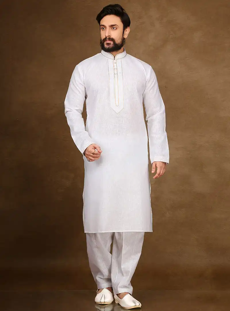 White Cotton Readymade Kurta Pajama 90712