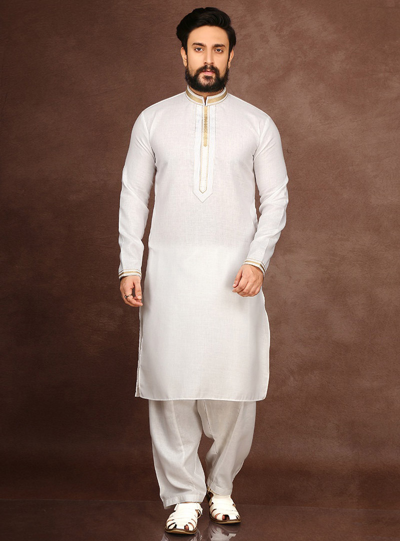 White Cotton Readymade Kurta Pajama 90715