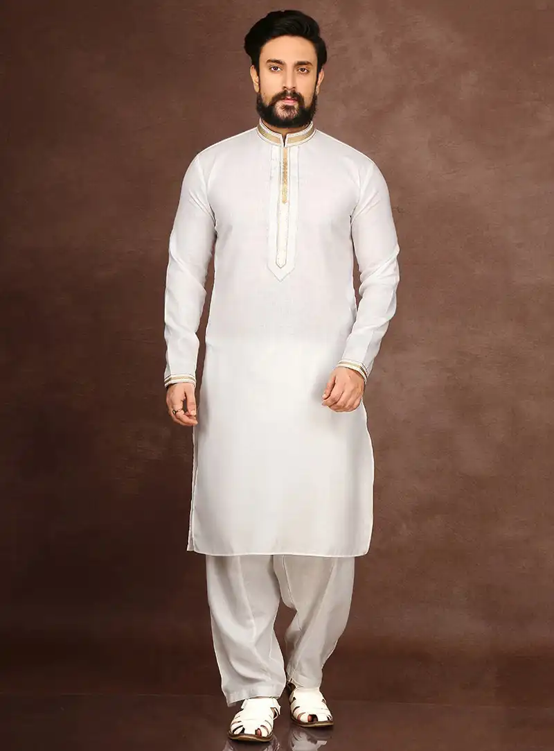 White Cotton Readymade Kurta Pajama 90715