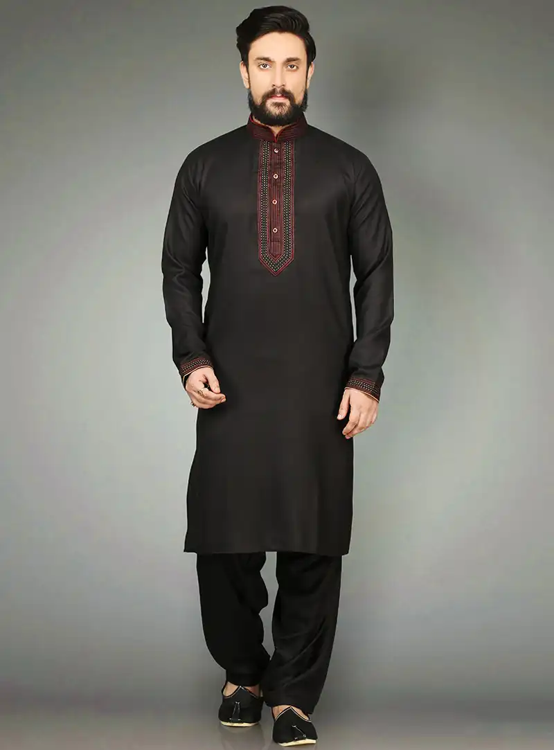 Black Cotton Readymade Kurta Pajama 90717