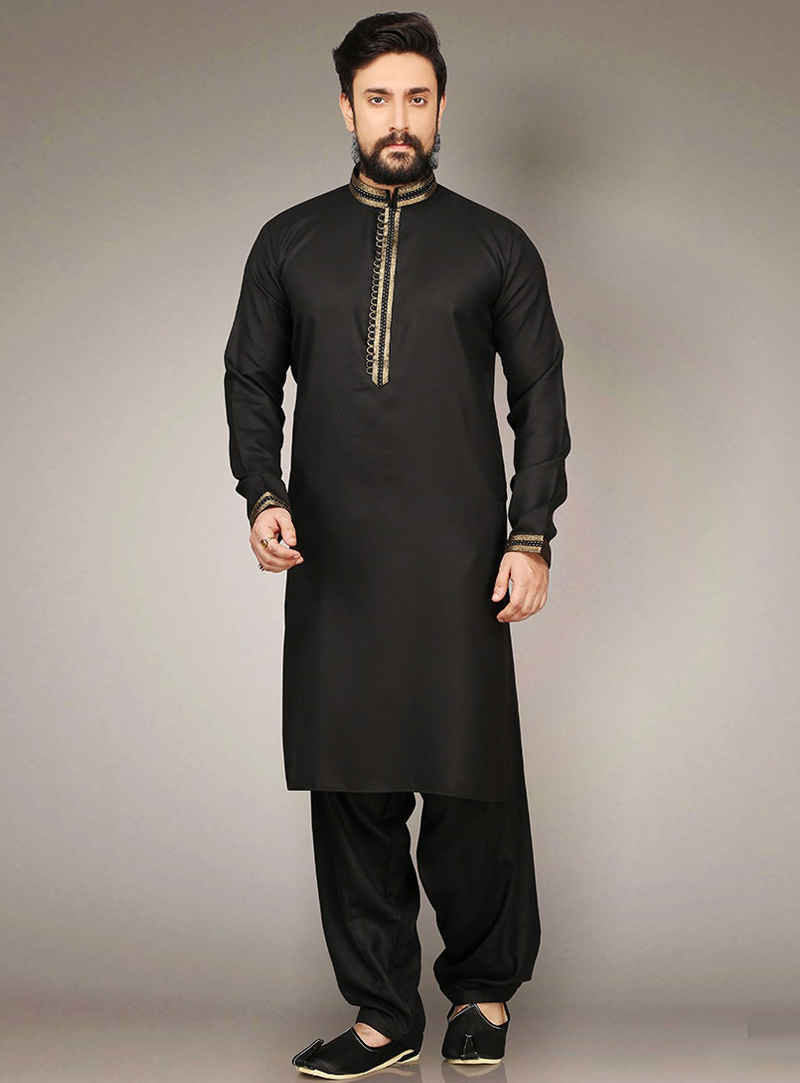 Black Cotton Readymade Kurta Pajama 90719