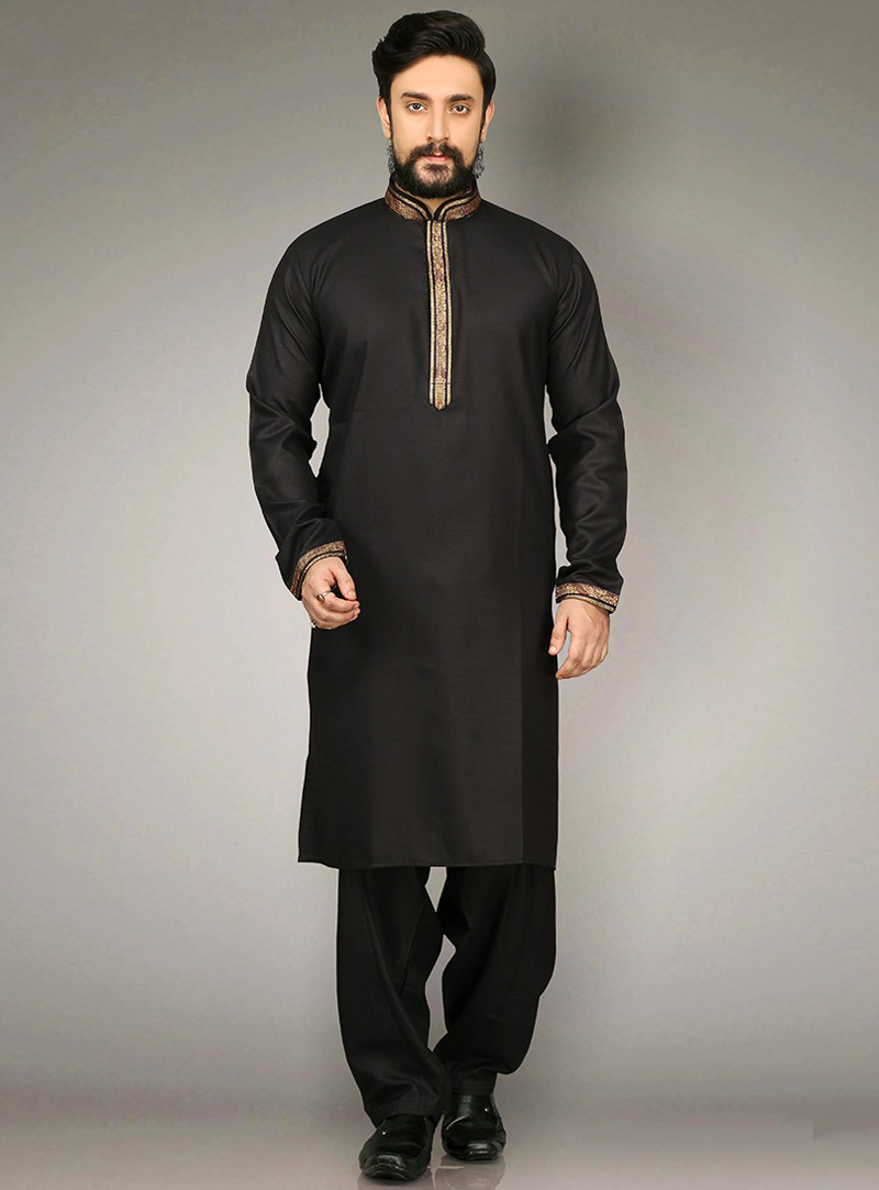 Black Cotton Readymade Kurta Pajama 90720