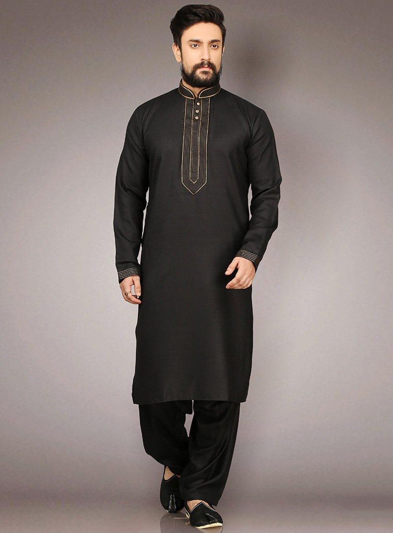 Black Cotton Readymade Kurta Pajama 90721