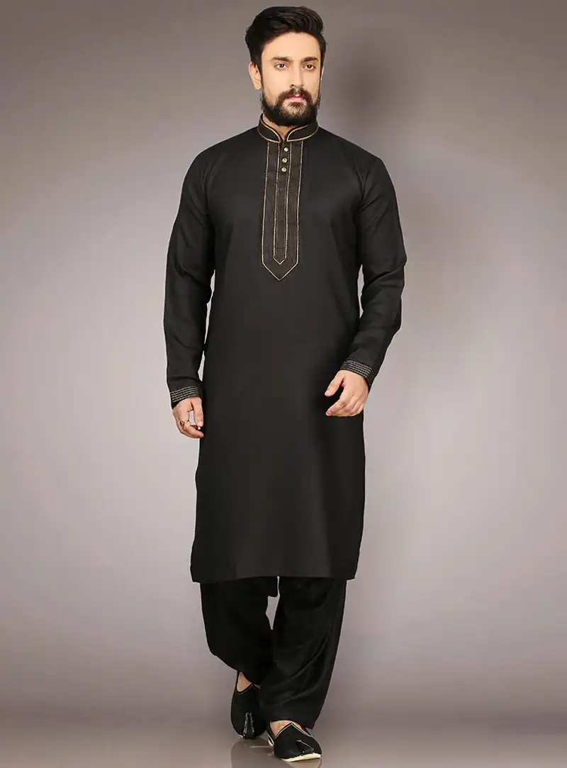Black Cotton Readymade Kurta Pajama 90721