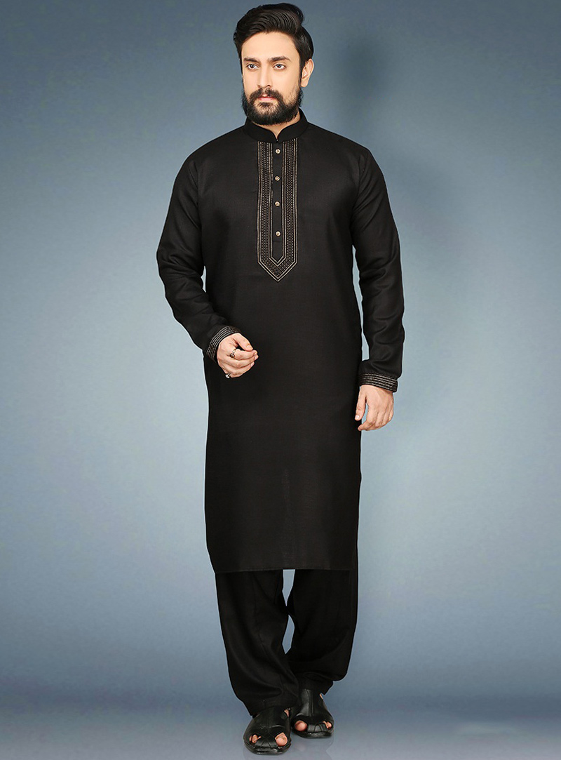Black Cotton Readymade Kurta Pajama 90722