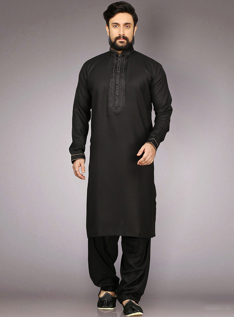 Black Cotton Readymade Kurta Pajama 90723