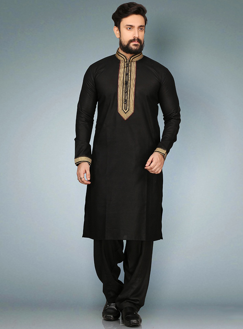 Black Cotton Readymade Kurta Pajama 90724