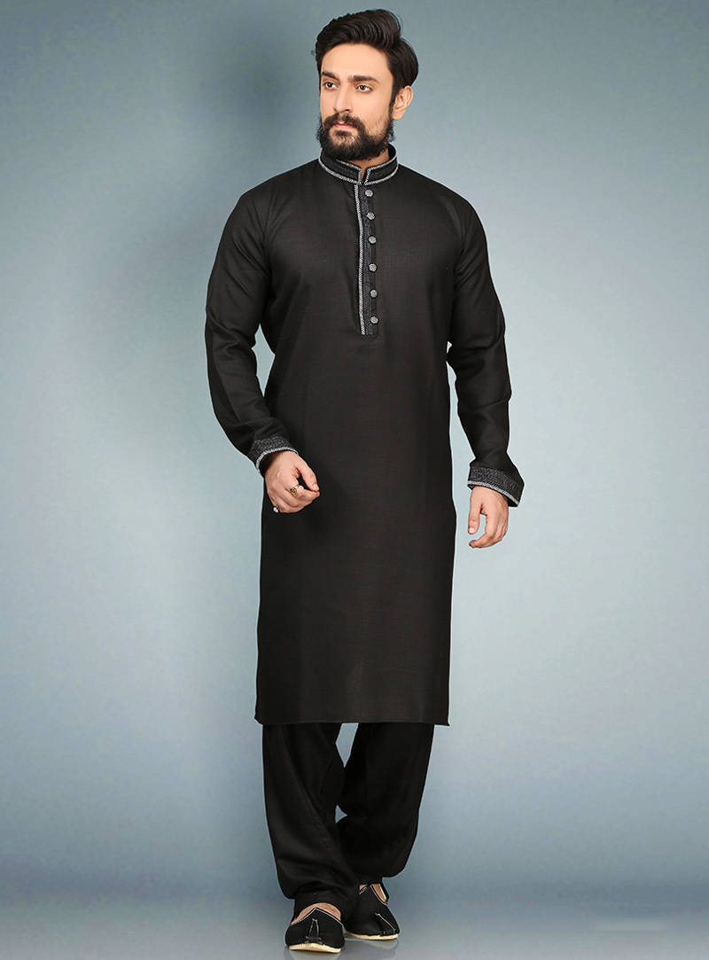 Black Cotton Readymade Kurta Pajama 90725