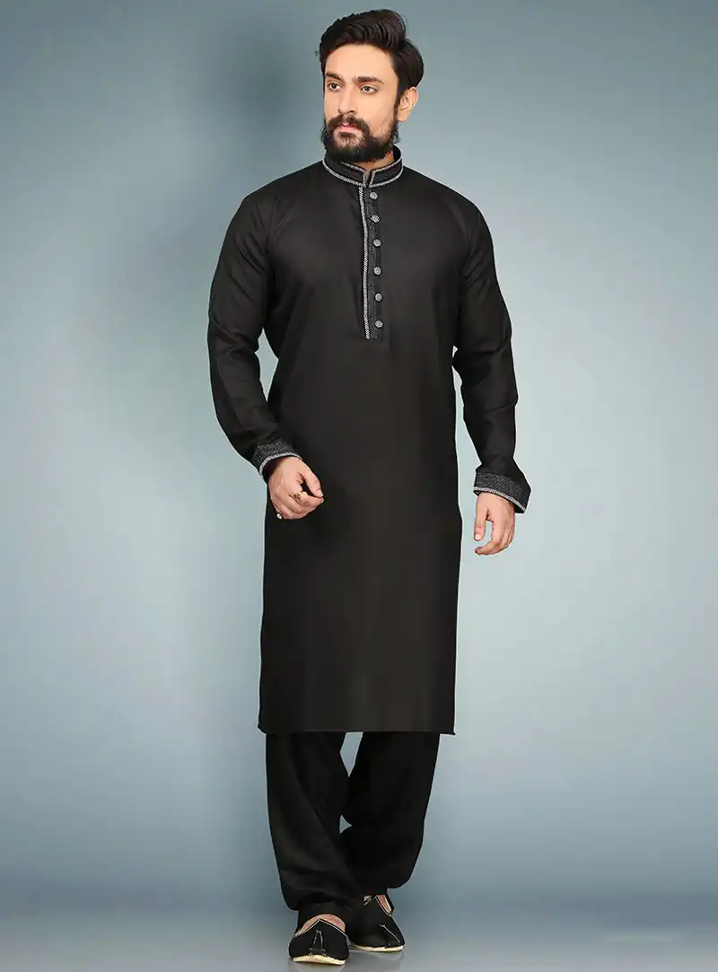 Black Cotton Readymade Kurta Pajama 90725